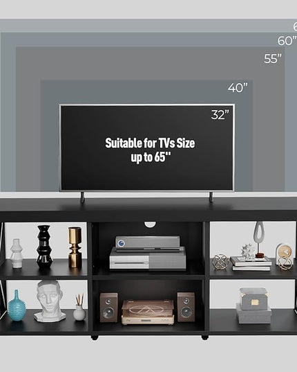 GreenForest TV Stand for TV up to 65 inches, Entertainment Center with 6 Storage Cabinet for Living Room, 55 inch Farmhouse Television Stands Console Table, Industrial TV stands for Living Room, Black - LeafyLoom