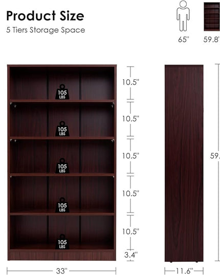 Farini Mahogany Bookshelf for Bedroom 5 Shelf Office Bookcase 60 Inches Tall Modern Wood Bookshelf for Living Room 5 Tier Wide Manga Bookshelf Library Bookcase - LeafyLoom