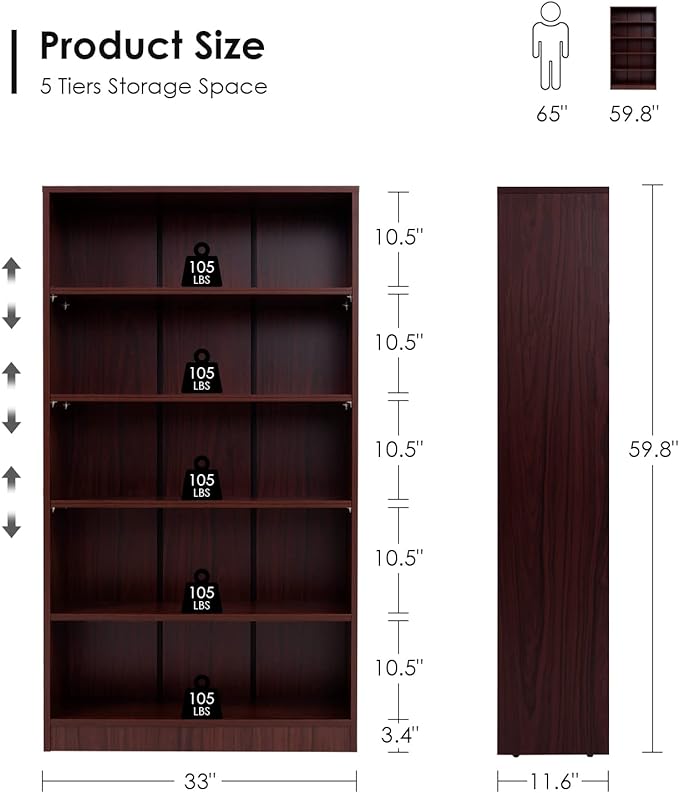 Farini Mahogany Bookshelf for Bedroom 5 Shelf Office Bookcase 60 Inches Tall Modern Wood Bookshelf for Living Room 5 Tier Wide Manga Bookshelf Library Bookcase - LeafyLoom