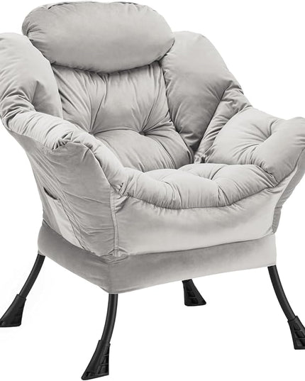 Lazy Chair Thick Padded, Accent Chair Velvet Upholstered with Wide Seat, Stable Metal Frame and Non-Slip Pad, Modern Sofa Armchair with Side Storage Bag for Dorm, Room, Office, Light Gray - LeafyLoom