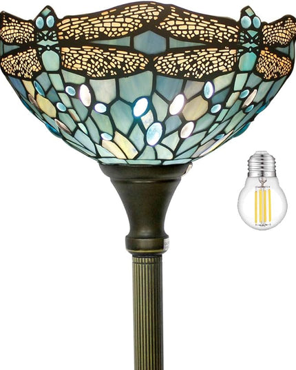 WERFACTORY Tiffany Floor Lamp Sea Blue Stained Glass Dragonfly Light 12X12X66 Inches Pole Torchiere Standing Corner Torch Uplight Decor Bedroom Living Room Home Office S147 Series - LeafyLoom