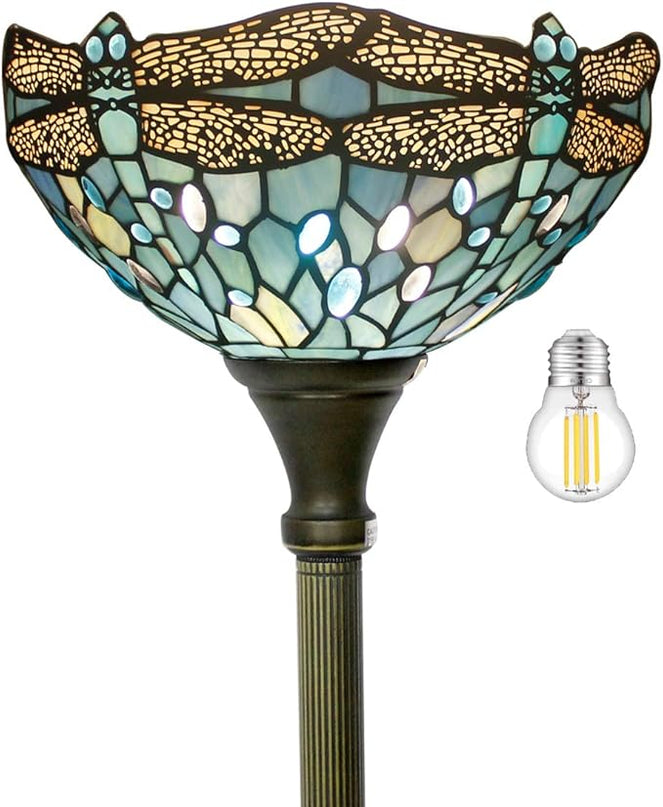 WERFACTORY Tiffany Floor Lamp Sea Blue Stained Glass Dragonfly Light 12X12X66 Inches Pole Torchiere Standing Corner Torch Uplight Decor Bedroom Living Room Home Office S147 Series - LeafyLoom