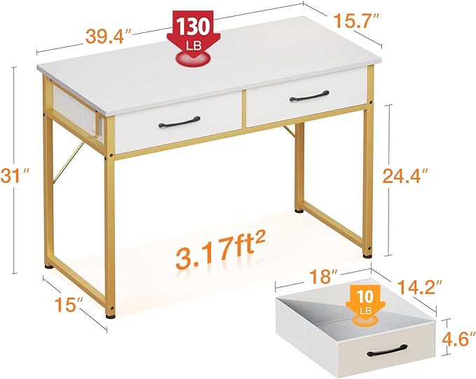 ODK Vanity Desk without Mirror, Makeup Vanity with 2 Fabirc Drawers, White Vanity Dressing Vanity Table with Versatile Hook, 40 Inch Girl Vanity for Bedroom, Desk Make Up for Girls, White and Gold - LeafyLoom