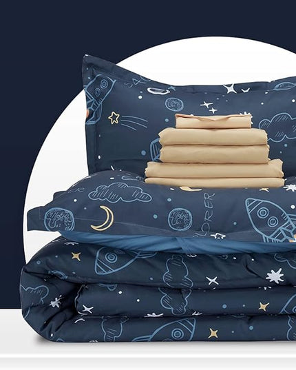 SLEEP ZONE Kids Twin Bedding Comforter Set - Super Cute & Soft Kids Bedding 5 Pieces Set with Comforter, Sheet, Pillowcase & Sham (Space Rocket) - LeafyLoom