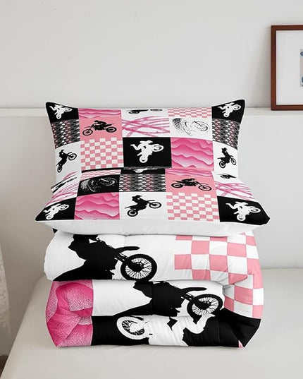 Motocross Comforter Set, Dirt Bike Bedding Sets & Collections Full, Motorcycle Rider Down Comforter For Kids Boys Girls, Motorbike Extreme Sport Game Comforter Set, Buffalo Plaid, Pink Grey Black - LeafyLoom