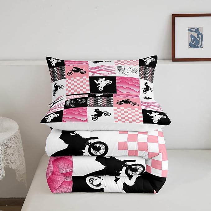 Motocross Comforter Set, Dirt Bike Bedding Sets & Collections Full, Motorcycle Rider Down Comforter For Kids Boys Girls, Motorbike Extreme Sport Game Comforter Set, Buffalo Plaid, Pink Grey Black - LeafyLoom