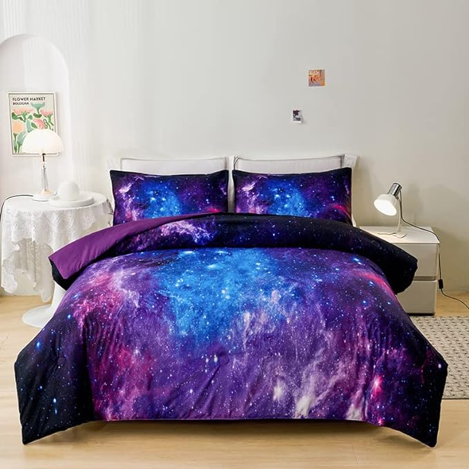 Purple Comforter Set for Girls,Galaxy Comforter Set for Boys Kids,Space Bedding Queen,Kids Comforter Set for Girls,Galaxy Bedding Set Queen with Pillowcases - LeafyLoom
