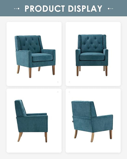 COLAMY Mid-Century Accent Chairs, Modern Wingback Living Room Chair, Upholstered Armchair with Button Tufted Back and Wood Legs for Bedroom/Office/Reading Spaces, Teal - LeafyLoom