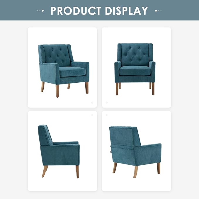 COLAMY Mid-Century Accent Chairs, Modern Wingback Living Room Chair, Upholstered Armchair with Button Tufted Back and Wood Legs for Bedroom/Office/Reading Spaces, Teal - LeafyLoom