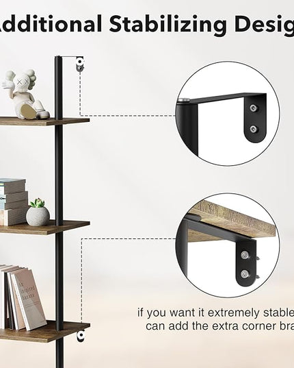 5 Tier Ladder Shelf Bookcase, Extra Sturdy Modern Bookshelf Wall Mounted, Tall Black Open Book Shelf, Standing Industrial Metal Frame with Wooden Shelves, 67“ (H) × 17(W) - LeafyLoom