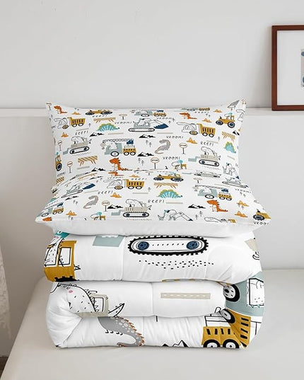Feelyou Construction Bedding Set Queen Size Equipment Trucks Comforter Set for Kids Boys Girls Decor Dinosaur Comforter 3D Digital Print Yellow Duvet Set Bedroom Quilt Set - LeafyLoom