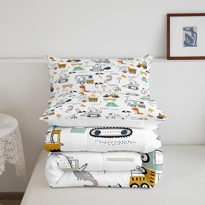 Feelyou Construction Bedding Set King Size Equipment Trucks Comforter Set for Kids Boys Girls Decor Dinosaur Comforter 3D Digital Print Yellow Duvet Set Bedroom Quilt Set - LeafyLoom