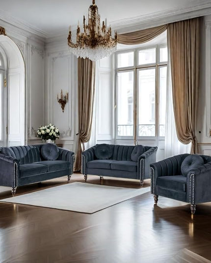 Velvet Modern Living Room Couch 3 Piece with Scroll Arms and Nailhead, includes 2 Love-seat Chair & Armchair, Sofa and Loveseat Set Black - LeafyLoom