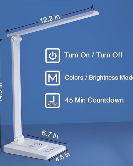 LED Desk Lamp with Wireless Charger and USB Charging Port,Desk Lamps for Home Office,Study Dimmable Table Lamp Desk Light,5 Colors Stepless Dimming,Eye-Caring Desk Lamp for College Dorm Room - LeafyLoom