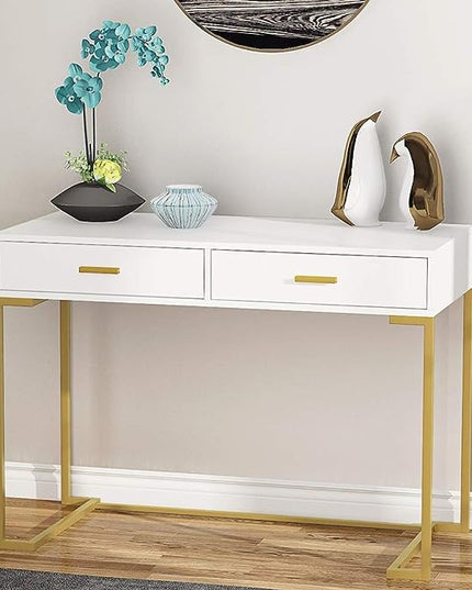 Tribesigns 40 Inch Computer Desk, White and Gold Desk with 2 Drawers, Modern Simple Home Office Desk, Gold Writing Desk Study Table for Bedroom, Modern Makeup Vanity Desk for Small Spaces - LeafyLoom