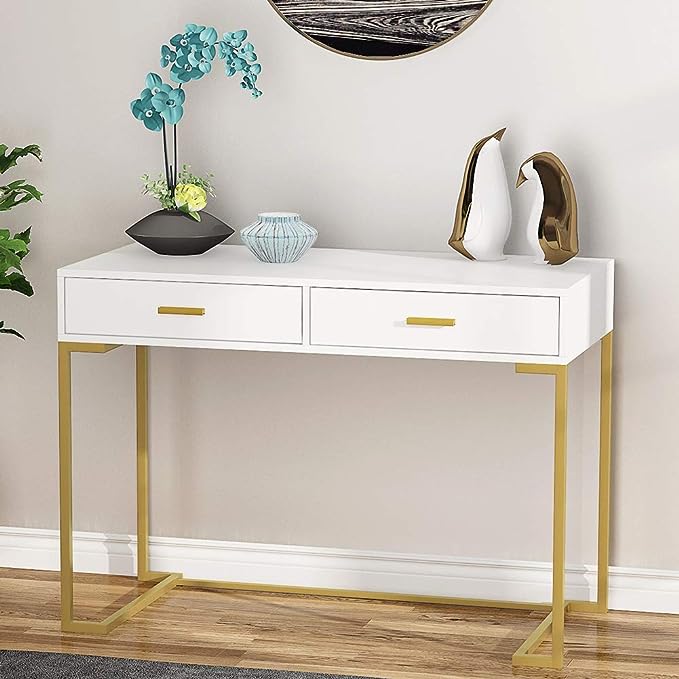 Tribesigns 40 Inch Computer Desk, White and Gold Desk with 2 Drawers, Modern Simple Home Office Desk, Gold Writing Desk Study Table for Bedroom, Modern Makeup Vanity Desk for Small Spaces - LeafyLoom