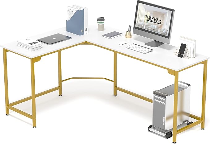 Teraves Modern L-Shaped Desk 66'' Corner Computer Desk Home Office Study Workstation Wood & Steel PC Laptop Gaming Table - LeafyLoom
