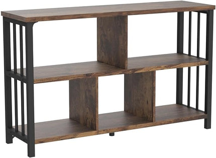 IBF Farmhouse 3 Tier Open Book Shelf, Wood and Metal 5 Cube Storage Organizer, Modern Low Horizontal Bookshelf for Bedroom Living, Long Wide Office Cubby Bookcase with Storage, Rustic Brown, 47 Inch - LeafyLoom