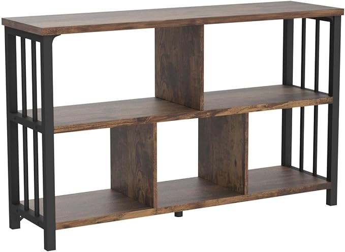 IBF Farmhouse 3 Tier Open Book Shelf, Wood and Metal 5 Cube Storage Organizer, Modern Low Horizontal Bookshelf for Bedroom Living, Long Wide Office Cubby Bookcase with Storage, Rustic Brown, 47 Inch - LeafyLoom