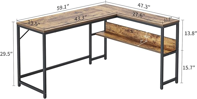 BANTI L Shaped Desk, 55.1 inch Corner Computer Desk with Storage Shelves, Study Writing Table Workstation with Open Shelves for Home Office, Brown - LeafyLoom