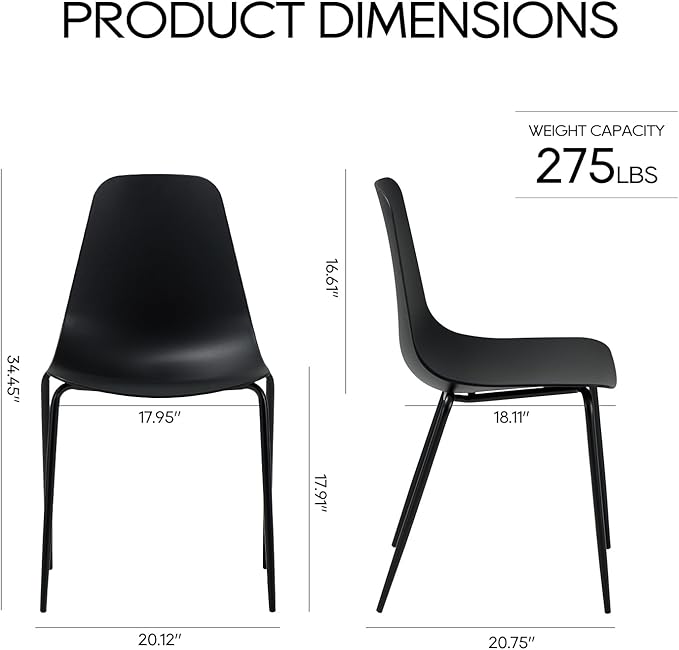 COLAMY Stackable Dining Chairs Set of 4, Indoor Outdoor Dining Room Side Chairs with Metal Legs, Modern Plastic Patio Chairs for Home/Kitchen/Office/Resturant/Bistro/Cafe, Black - LeafyLoom