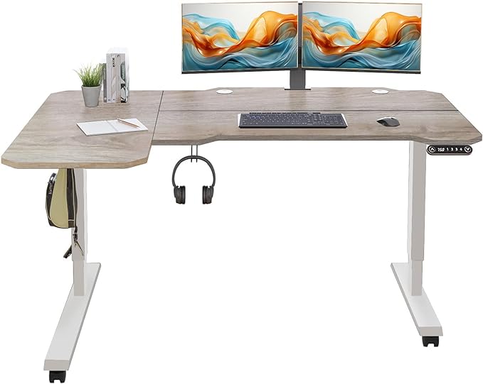 Adjustable Height L-Shaped Electric 59 Inch Sit-Stand Computer Desk with 3 Splice Boards, Lockable Casters-Ideal for Home Office, 59Inch, Oak - LeafyLoom
