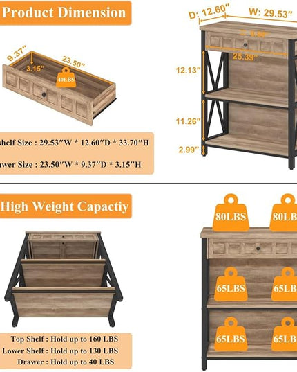 FATORRI Rustic Bookshelf with Drawer, Industrial Wood and Metal Bookcase, Small Book Shelf and Low Book case for Small Space (Rustic Oak) - LeafyLoom