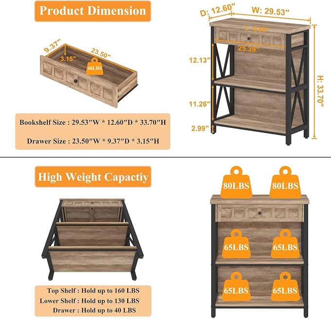 FATORRI Rustic Bookshelf with Drawer, Industrial Wood and Metal Bookcase, Small Book Shelf and Low Book case for Small Space (Rustic Oak) - LeafyLoom
