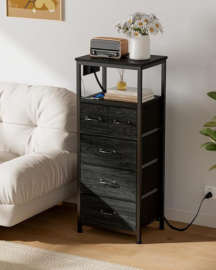 Furnulem Vertical Dresser with Charging Station and LED Lights, Black Chest of Drawers with Shelf and 5 Fabric Bins, Tall Nightstand for Entryway, Closet, Bedside Table, Wood Top, Bedroom Furniture - LeafyLoom