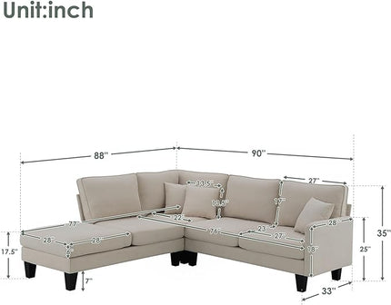 90" Modern L-Shape Sectional Sofa with Chaise Lounge,5-Seat Practical Couch Set W/ 3 Pillows,7''Leg Height,Minimalist Style,Indoor Furniture for Living Room Apartment Office,Beige Terrycloth - LeafyLoom