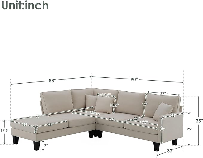 90" Modern L-Shape Sectional Sofa with Chaise Lounge,5-Seat Practical Couch Set W/ 3 Pillows,7''Leg Height,Minimalist Style,Indoor Furniture for Living Room Apartment Office,Beige Terrycloth - LeafyLoom