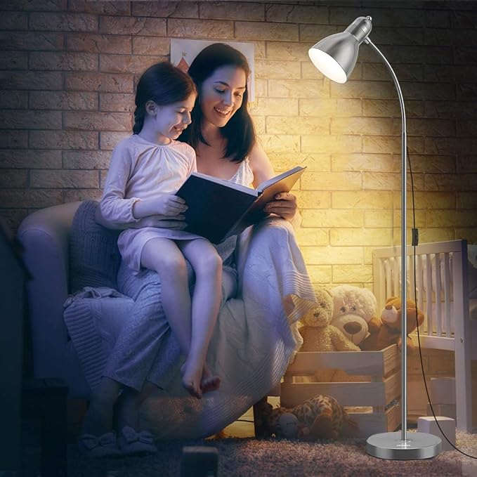 LEPOWER Floor Lamp, Metal Standing Lamp with Adjustable Gooseneck, Heavy Metal Base, Reading Pole Lamp for Office, Silver Floor Lamps for Bedroom, Living Room - LeafyLoom