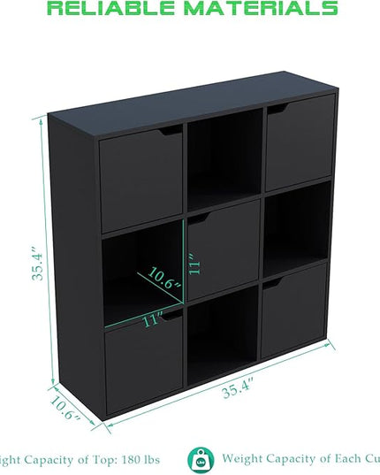 9-Cube Storage Shelf Bookcase - Wooden 3-Tier Floor Standing Open Bookshelf with Doors for Home and Office, Display Cabinet, Black - LeafyLoom