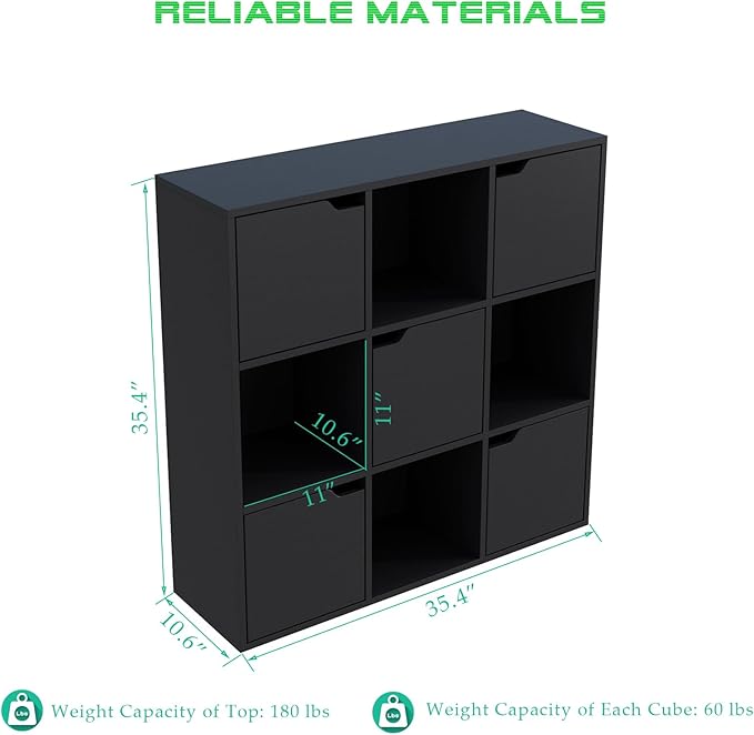 9-Cube Storage Shelf Bookcase - Wooden 3-Tier Floor Standing Open Bookshelf with Doors for Home and Office, Display Cabinet, Black - LeafyLoom