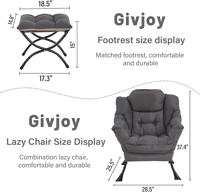 Lazy Chair and Ottoman, Large Accent Lounge Chair with Armrests and a Side Pocket, Modern Leisure Upholstered Sofa Reading Armchair with Footrest for Bedroom, Living Room, Dorm Rooms, Office - LeafyLoom