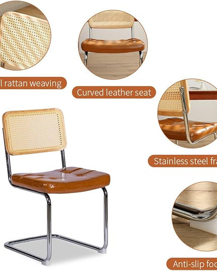 Dining Chairs Set of 2, Faux Leather Rattan Side Accent Chairs with Chrome Legs, Modern Mid Century Designed Chairs for Dining,Living Room,Kitchen Chairs (Leather Brown) - LeafyLoom