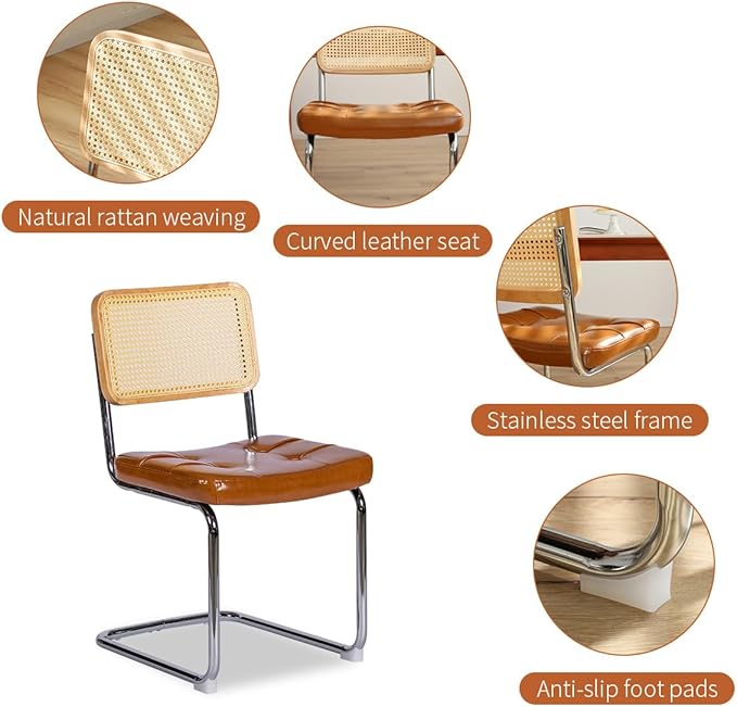 Dining Chairs Set of 2, Faux Leather Rattan Side Accent Chairs with Chrome Legs, Modern Mid Century Designed Chairs for Dining,Living Room,Kitchen Chairs (Leather Brown) - LeafyLoom