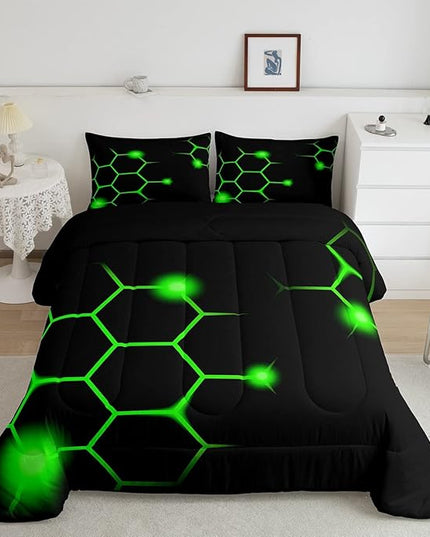 Hexagonal Comforter Set Geometric Honeycomb Bedding Set for Kids Adults Neon Green Black Comforter Modern Hexagon Beehive Quilt Set Ultra Soft Room Decor Full Size Bedroom Collection 3Pcs - LeafyLoom