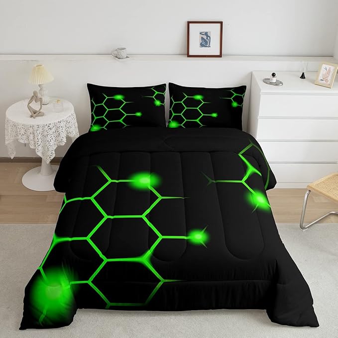 Hexagonal Comforter Set Geometric Honeycomb Bedding Set for Kids Adults Neon Green Black Comforter Modern Hexagon Beehive Quilt Set Ultra Soft Room Decor Full Size Bedroom Collection 3Pcs - LeafyLoom
