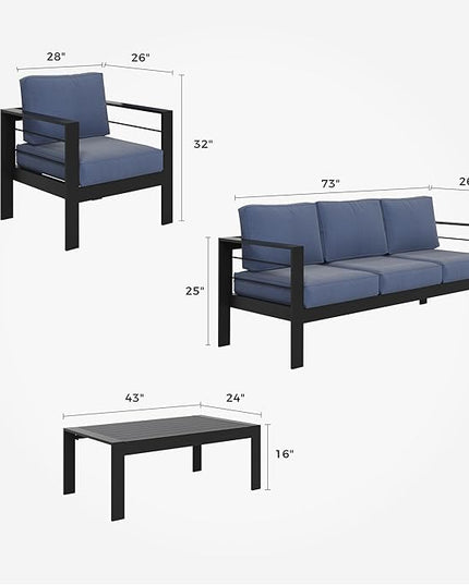Solaste Aluminum Patio Furniture Set, 4 Pcs Modern Outdoor Conversation Set Sectional Sofa with Upgrade Cushion and Coffee Table,Black Frame and Blue Cushion - LeafyLoom