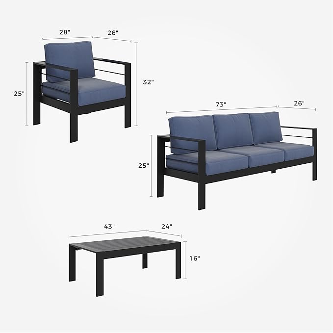 Solaste Aluminum Patio Furniture Set, 4 Pcs Modern Outdoor Conversation Set Sectional Sofa with Upgrade Cushion and Coffee Table,Black Frame and Blue Cushion - LeafyLoom