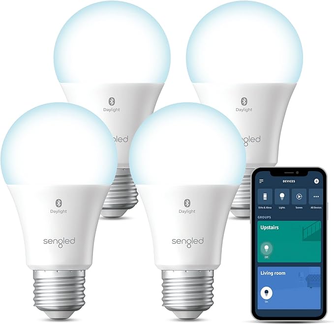 Sengled Alexa Light Bulbs, 75W Equivalent, S1 Auto Pairing with Alexa Devices, Smart Light Bulb that Work with Alexa, Bluetooth Mesh Smart Home Lighting, ‎Daylight 5000K, No Hub Required, 4-Pack Sengled