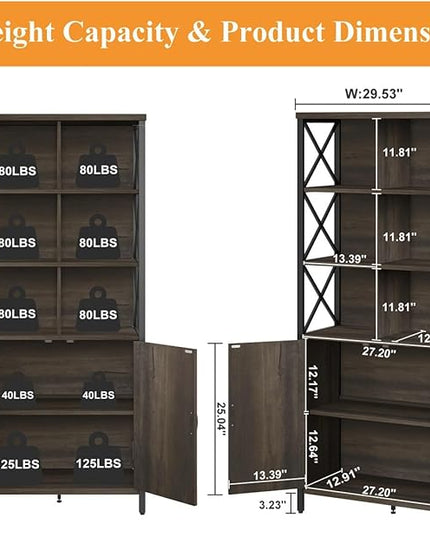 FATORRI Bookshelf with Doors, Rustic Wood Bookcase with Cabinet, Industrial Tall Cubby Book Shelf and Cube Organizer Shelf for Living Room (Walnut Brown) - LeafyLoom