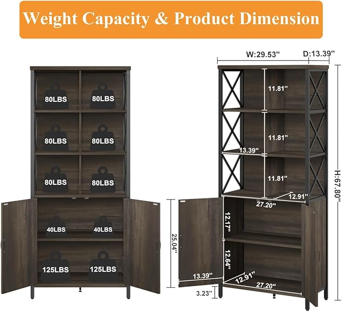 FATORRI Bookshelf with Doors, Rustic Wood Bookcase with Cabinet, Industrial Tall Cubby Book Shelf and Cube Organizer Shelf for Living Room (Walnut Brown) - LeafyLoom