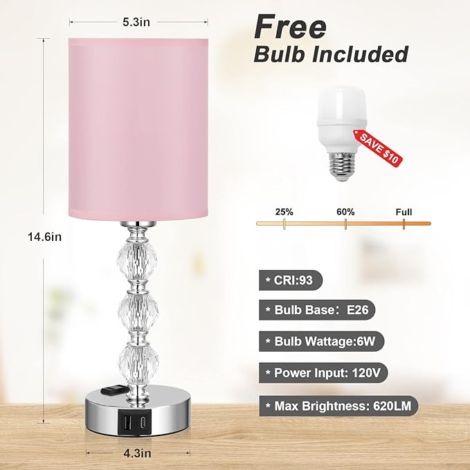 Pink Touch Bedside Lamps for Bedrooms - Crystal Table Lamp with USB C+A Charging Port and AC Outlet Nightstand, 3 Way Dimmable Silver Small End Side Table Lamp for Living/Guest/Dinning Room/Kitchen - LeafyLoom