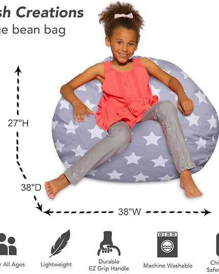 Posh Creations Bean Bag Chair for Kids, Teens, and Adults Includes Removable and Machine Washable Cover, Canvas White Stars on Gray, 38in - Large - LeafyLoom