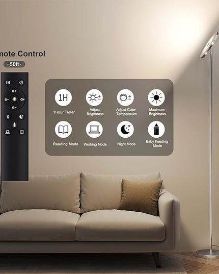 SUNMORY Floor Lamps for Living Room, 32W/3000LM Super Bright LED Floor Lamp with Remote Control, 69" Tall Standing Lamp with Stepless Dimmable, Modern Torchiere Corner Lamp for Bedroom, Office Nickel - LeafyLoom