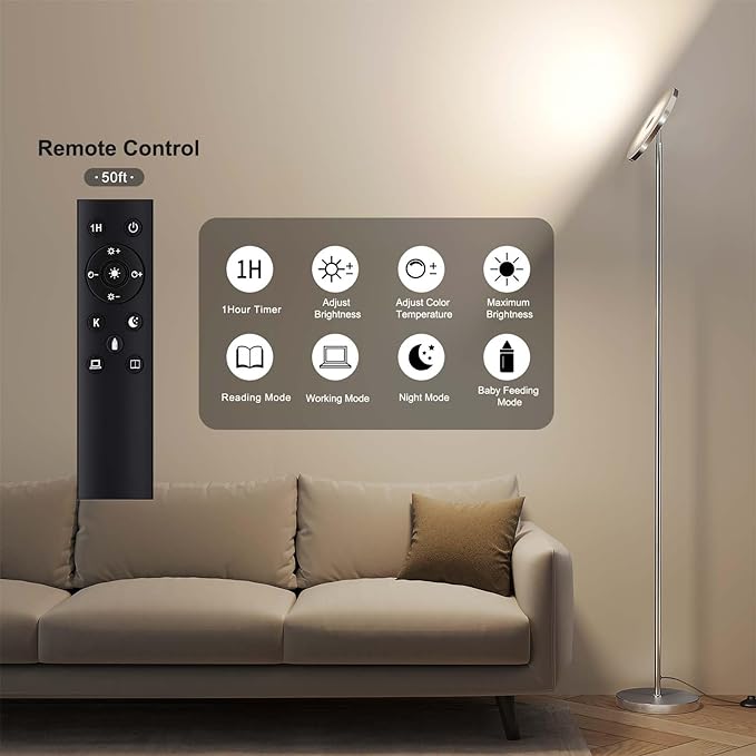 SUNMORY Floor Lamps for Living Room, 32W/3000LM Super Bright LED Floor Lamp with Remote Control, 69" Tall Standing Lamp with Stepless Dimmable, Modern Torchiere Corner Lamp for Bedroom, Office Nickel - LeafyLoom