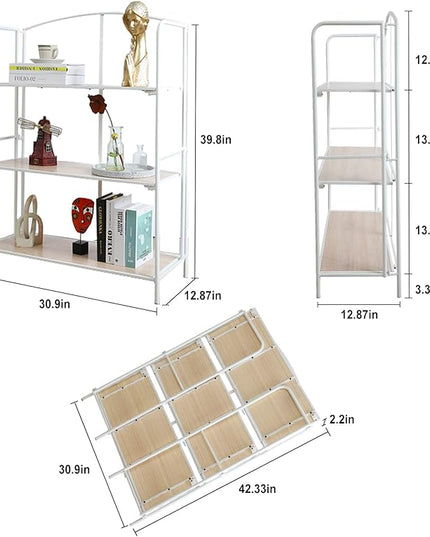 No Assembly Folding Bookshelf, 3 Tier White Bookshelf, Metal Book Shelf for Storage, Folding Bookcase for Office Organization and Storage, 12.87" D x 30.9" W x 42.33" H - LeafyLoom