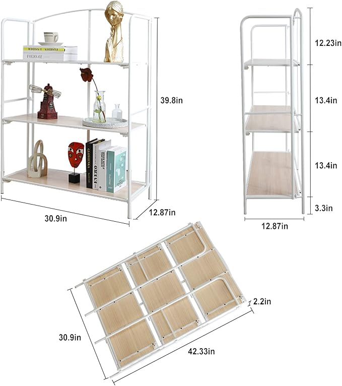 No Assembly Folding Bookshelf, 3 Tier White Bookshelf, Metal Book Shelf for Storage, Folding Bookcase for Office Organization and Storage, 12.87" D x 30.9" W x 42.33" H - LeafyLoom